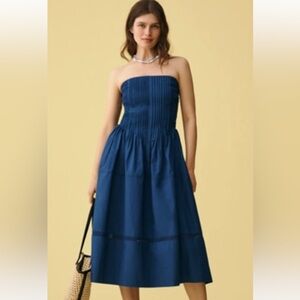 NWT Anthropologie Cotton Poplin Strapless Smocked Midi Dress in Blue  Sz L